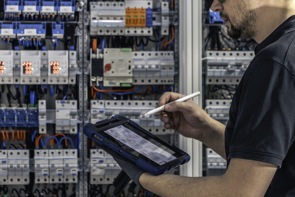 Tecnico qualificato PES PAV PEI esegue controlli su un quadro elettrico utilizzando un tablet, in conformità alla norma CEI 11-27:2025.